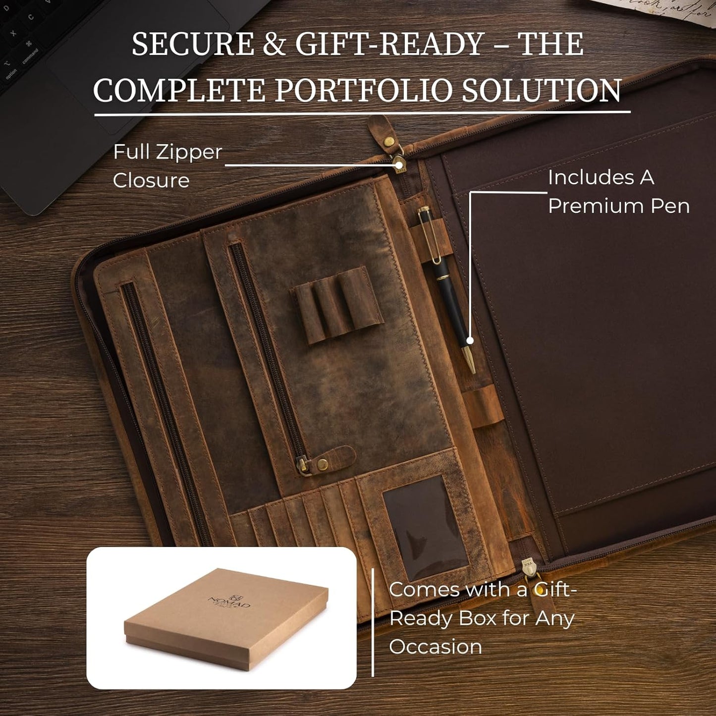 Leather Padfolio with Zipper – Business Portfolio for Men and Women, Legal Pad Portfolio, Leather Folder, Professional Padfolio for Meetings and Interviews