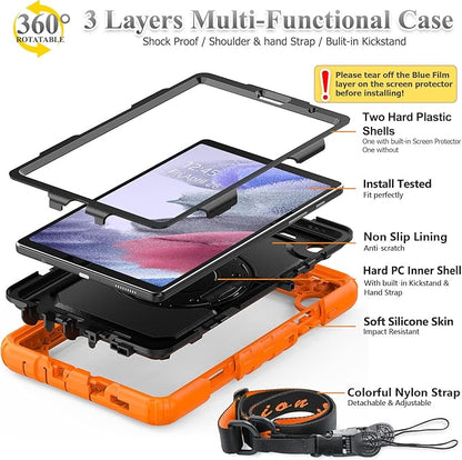 SEYMAC stock Case for Samsung Galaxy Tab A7 Lite 8.7'' with Screen Protector Pencil Holder [360 Rotating Hand Strap] &Stand, Drop-Proof Case for Samsung A7 Lite 2021 SM-T220/T225/T227, Orange/Black