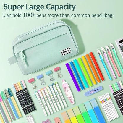 Sooez Original High Capacity Pencil Case, Big Pencil Bag Pouch Box Organizer Pen Case, Portable Journaling Supplies with Easy Grip Handle & Loop, Aesthetic Supply for Girls Adults, Mint Green