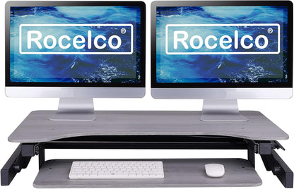 Rocelco 37.5" Height Adjustable Standing Desk Converter with Dual Monitor Mount and Slide Out Retractable Keyboard Tray - Sit Stand Up Double Screen Tabletop Riser Workstation - Gray (R DADRG-DM2)