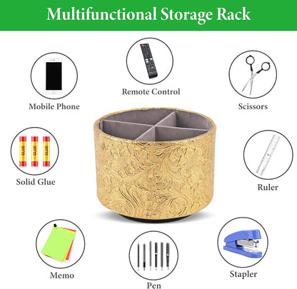 lizimandu Round Leather Art Supply Organizer,Remote Control Holder,360 Degree Spinning,Multi-Functional Pencil Holder,4 Compartments Desktop Stationary Organizer(1-Carved Gold)