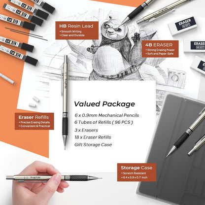Nicpro 0.9 mm Art Mechanical Pencils Set in Gift Case, 6 PCS Metal Drafting Pencil 0.9mm with 6 Tube HB Lead Refills & 18 PCS Eraser Refills for Adults, Children, Artist Writing, Drawing, Sketching