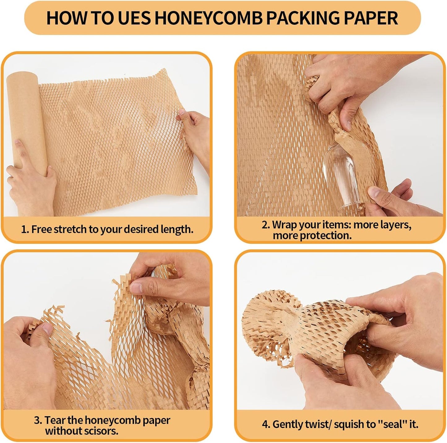 Honeycomb Packing Paper, HONSREO 15 Inches x 230 Feet Eco Friendly Recyclable Cushioning Material, Bubble Wrap for Moving Shipping Breakable Supplies with 20 Fragile Sticker Lables (Brown)