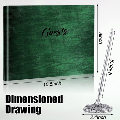 Leather Guest Book and Pen Stand Set, 10.5" x 8" Embossed Guests Sign in Book Registry Book for Funeral, Wedding Reception, Vacation Homes and Events, 80 Sheets (Green)