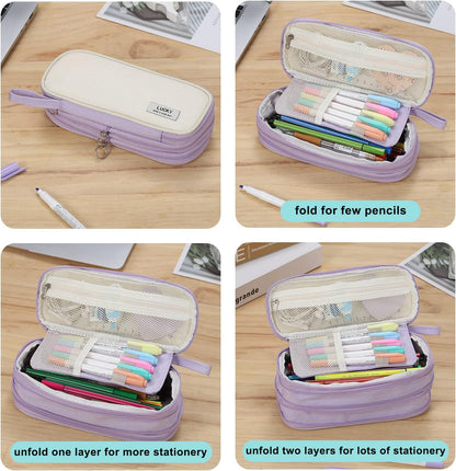 Large Pencil Case Zipper Pencil Pouch Organizer Big Capacity Pencil Bag with Handle Portable for Girls Kids Adults Gift Pen Case for School Home Office Purple