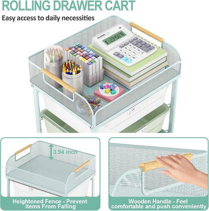 Rolling Utility Storage Cart with 4 Drawers - 4 Tiers Rolling Cart Craft Cart, Storage Drawer Cart Organizer for Craft Room Office Bedroom Classroom with Mesh Top & 4 PCS DIY Lable, Green