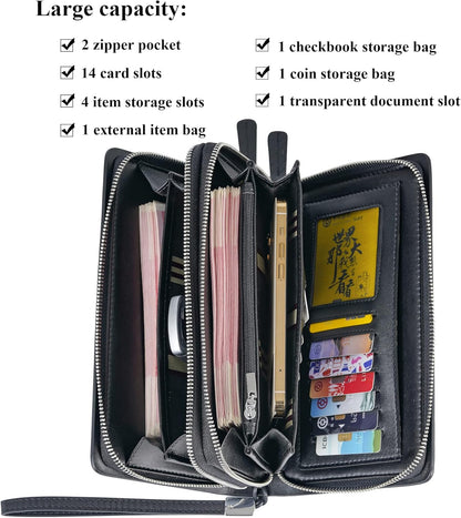 Leather Men Clutch Bag Long Wallet Purse Card Holder Case Business Large Clutch with Double Zip Handbag
