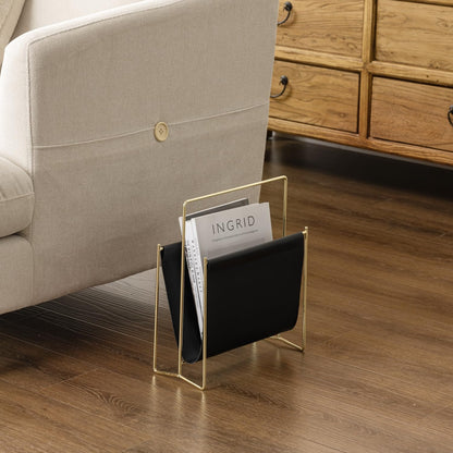 MyGift 13 Inch Modern Black Leatherette Magazine Holder Floor Standing Sling Style Rack with Gold Tone Metal Frame