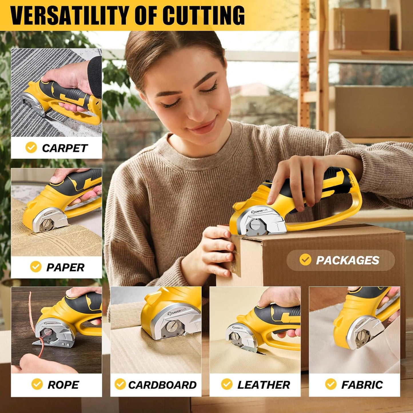 Cordless Electric Scissors, 4V Cardboard Cutter, Box Cutter Fabric Scissor with Safety Lock & LED Light, Rechargeable Power Rotary Cutters for Box Carpet Fabric Plastic Leather