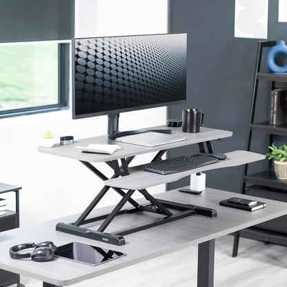 VIVO 42 inch Desk Converter, K Series, Height Adjustable Sit to Stand Riser, Dual Monitor and Laptop Workstation with Wide Keyboard Tray, Gray Top, Black Frame, DESK-V042KG