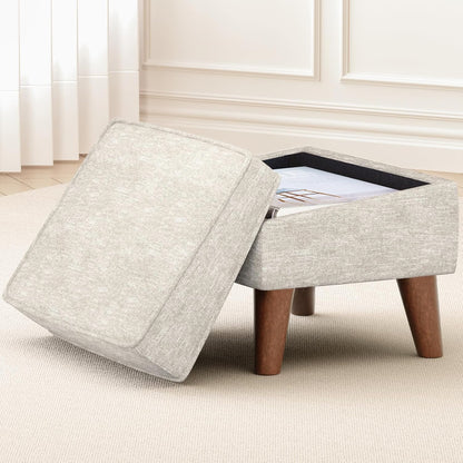 Ottoman Foot Rest, Small Footstool Ottoman with Storage, Modern Foot Stool with Adjustable Lid and Sturdy Wood Legs for Living Room, Bedroom, Couch, Enterway (Beige)