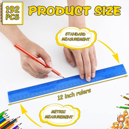 Teling 192 Pack Rulers Bulk for Classroom Transparent Colorful Metric Rulers with Inches and Centimeters 8 Colors for Kids Back to School Supplies(12 Inch)