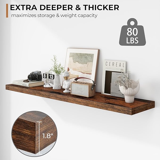 Fun Memories 55 Inch Floating Shelves - 12 Inch Deep Rustic Wooden Wall Shelves - Extra Deeper & Thicker Wall Mounted Storage Shelf for Living Room, Kitchen, Farmhouse - 55" W x 12" D x 1.8"H - Brown