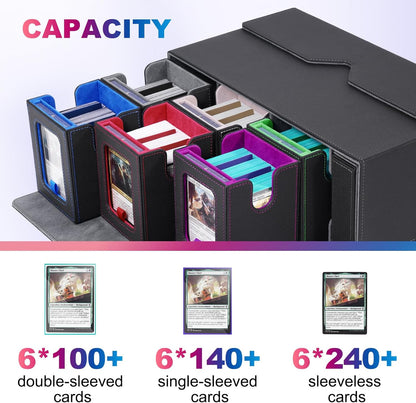 Commander Deck Box for MTG, 6-Deck Modular Card Case with Dice Tray Hold 600+ Double-sleeved Cards, Removable Trading Cards Storage Box with 35PT Magnetic Card Holders for TCG, Multicolour