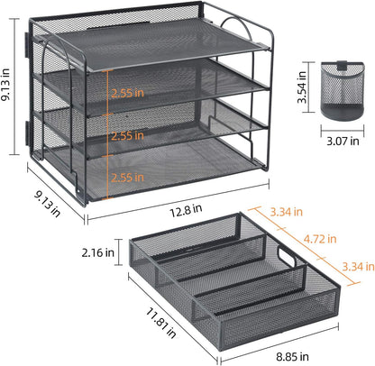 Marbrasse Desk Organizer and Accessories4-Tier Paper File Letter Tray Accessories & Workspace Desk Organizers with Drawer and 2 Pen Holders for School Home Office Supplies (Black)