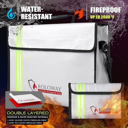 ROLOWAY Large (15 x 12 x 5 inches) Fireproof Bag with Reflective Strip, Water Resistant Fireproof Document Bag Safe for Money, Documents and Valuables Storage