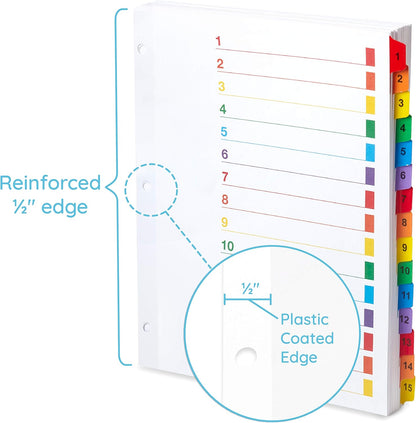Blue Summit Supplies 15 Tab Binder Dividers for 3 Ring Binder or Notebook, Subject Dividers with Multicolor Numbered Tabs, Includes Customizable Table of Contents Index, 3 Sets