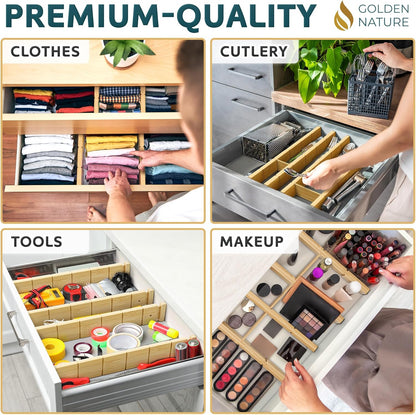 Bamboo Drawer Organizer - with Inserts & Labels, 17-22" - Adjustable Spring Loaded Kitchen Dividers for Utensils & Junk Storage - Expandable Silverware Separators for Organization