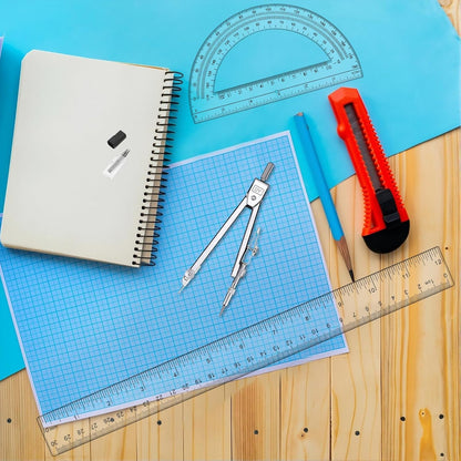 3 Pcs Plastic 12 Inch Ruler, Clear Protractor and Compasses Set for Student Geometry, Durable Transparent Drawing Measuring Rulers for School Office