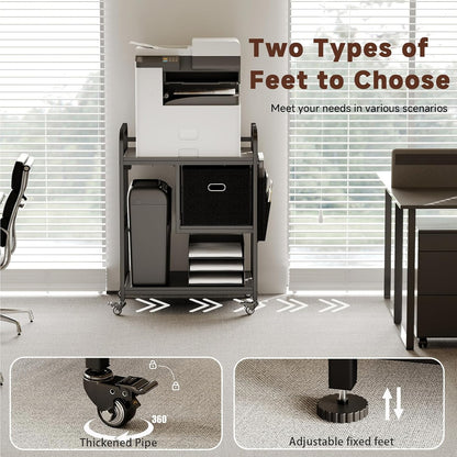 Large Printer Stand with Removable Storage Drawer, Mobile Printer Table with Charging Station for Home Office, Rolling Industrial Printer Cart with Wheels for Scanner Fax PC Tower (Black)