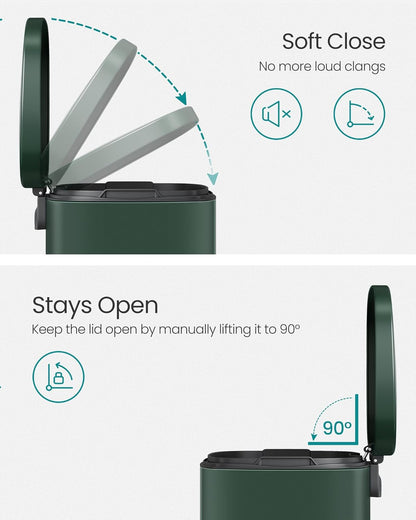 SONGMICS 13 Gallon (50 L) Trash Can, Stainless Steel Kitchen Garbage Can, Recycling or Waste Bin, Soft Close, Step-On Pedal, Removable Inner Bucket, Retro Green ULTB050C01