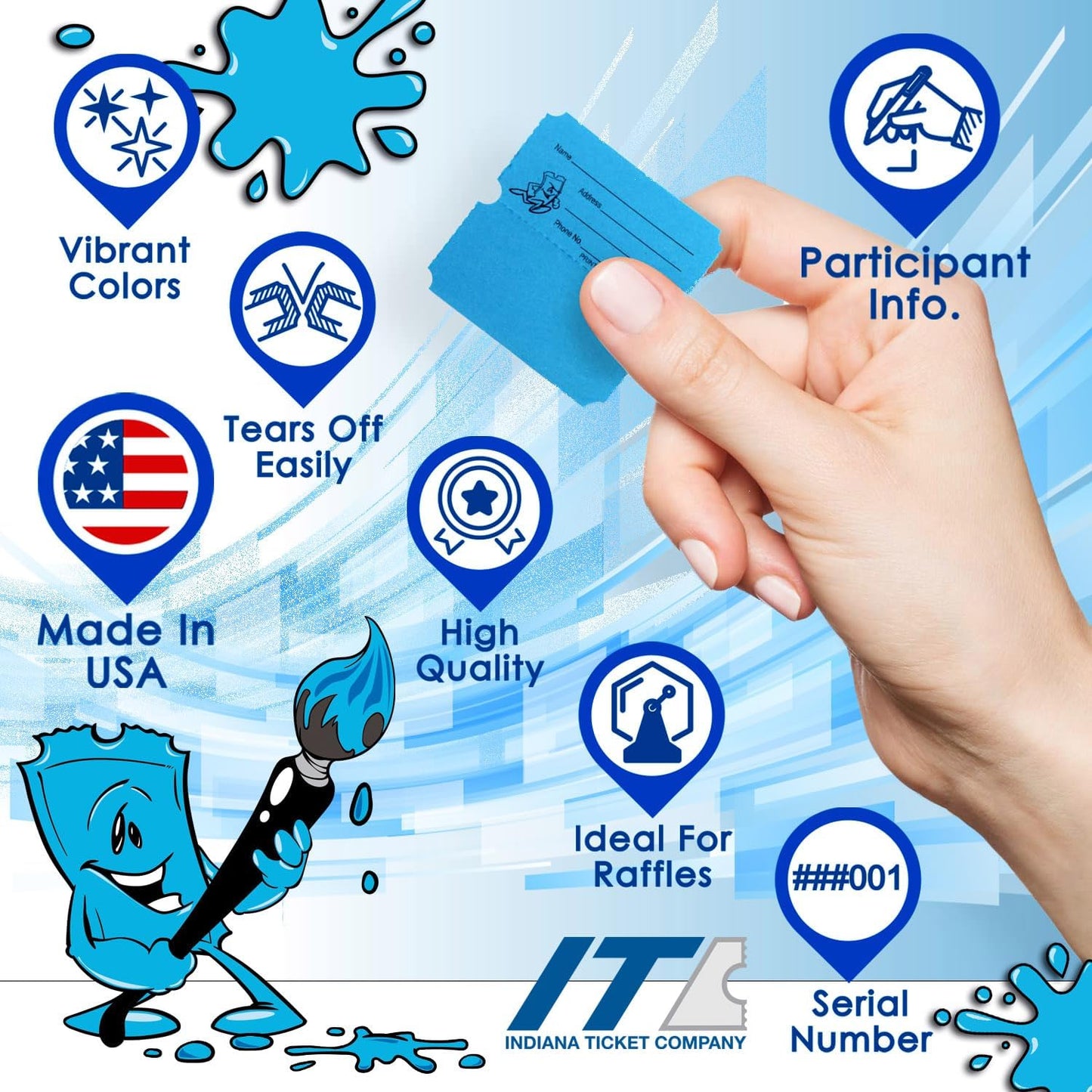 INDIANA TICKET CO. 10,000 Blue CONSECUTIVELY Numbered Raffle Ticket Roll. 5 Rolls of 2,000, for Classroom Rewards, Events, Fundraisers, Door Entry, Raffles, Prizes, Drink/Food Tickets, & More