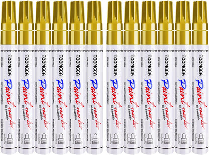 Gold Paint Pens Permanent Paint Markers 12 Pack Oil Based Markers, Quick Drying and Waterproof Marker Pen, Car Tire, Metal, Rock Painting, Wood, Ceramic, Plastic, Canvas, Mugs, Medium Tip