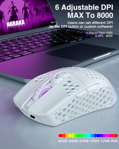 SM600 White Wireless Gaming Mouse,8000 DPI Tri-Modes BT5.1/Type-C Wired/2.4G Wireless Mouse with 2 Side Buttons, Programmable Macro Gamer Mouse with RGB Light for Laptop/PC/Mac