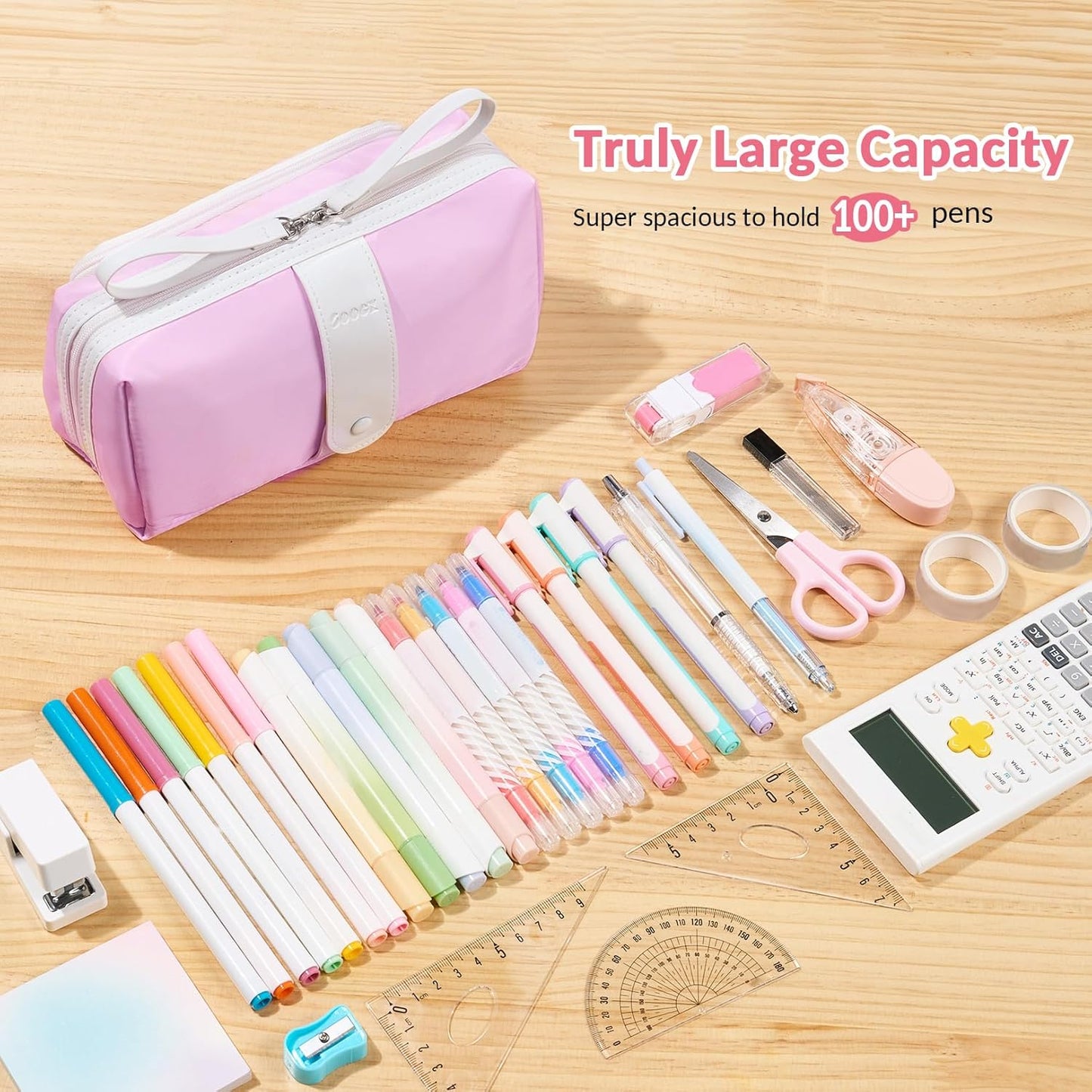 Sooez Big Capacity Pencil Case, Extra Large Pencil Pouch with Zipper Pocket, Wide Opening Pencil Bag, Portable Stationery Organizer, Cute Aesthetic School Office Supplies for Teens Girls Adults, Pink