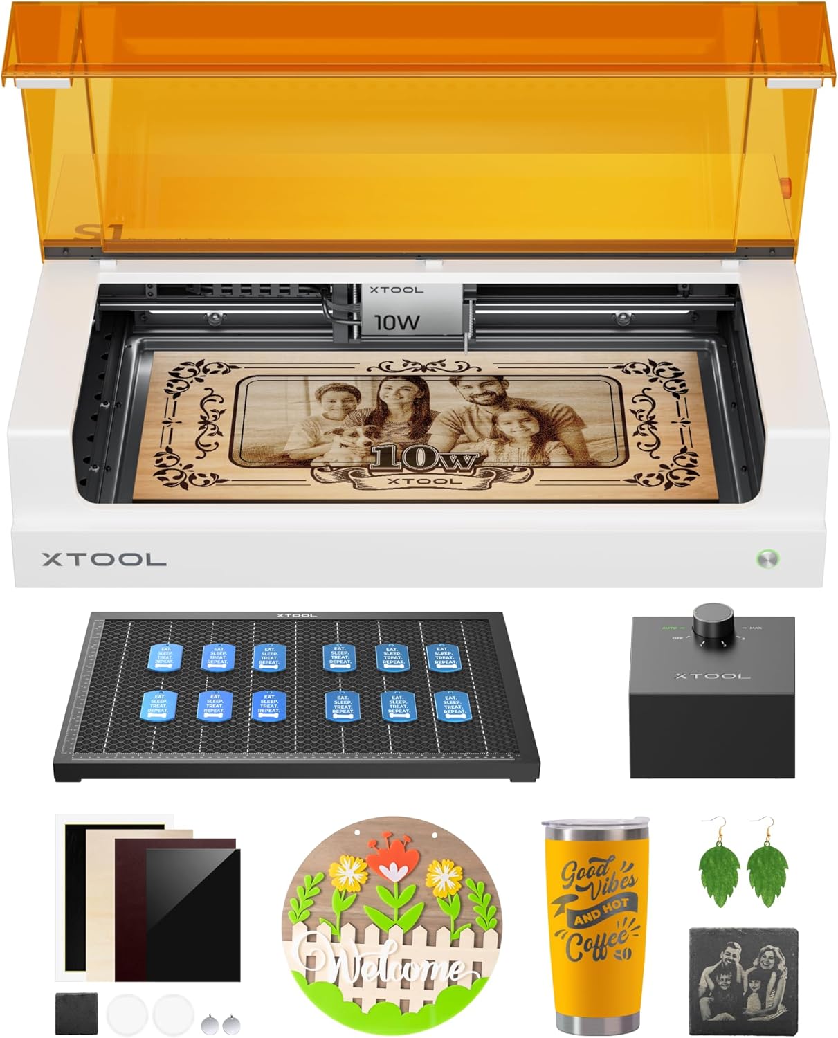 xTool S1 Laser Engraver and Cutter Machine with Air Assist & Honeycomb, 23.93" x 15.16" Bed Size, Beginner-friendly, Class 1 Safety Laser Engravering Machine for Wood and Metal, Acrylic - Basic Bundle