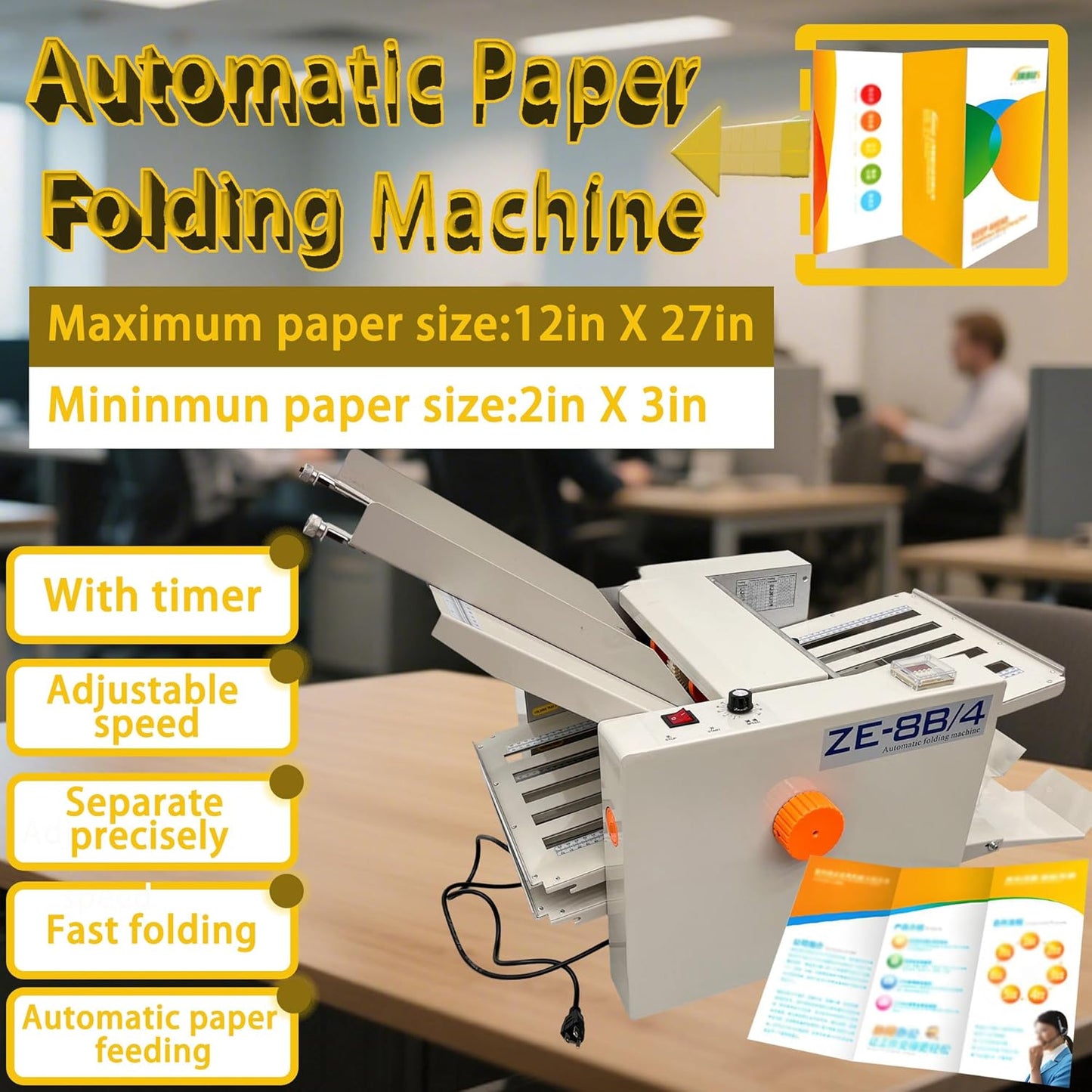 Automatic Paper Folding Machine 110V Commercial Desktop Paper Folder Cross Fold & Stepless Speed Control with Digital Sheet Counter Rubber Feed Roller for Business Letters Manuals Documents