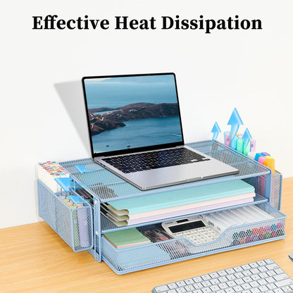 AUPSEN Computer Monitor Stands Riser，2-Tier Desk Organizers and Accessories, Office Desk Accessories Organizer with Drawers and 2 Pen Holder for Office Supplies (Blue)