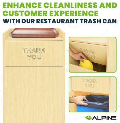 Alpine Restaurant Trash Can Cabinet with Tray Holder - Thank You Trash Can, Commercial 40 Gallon Garbage Can Cabinet for Restaurants, Cafeterias (Oak)