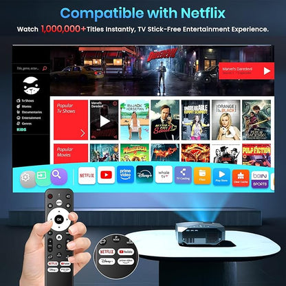 [Compatible with Netflix/High Brightness] Smart Projector with WiFi 6 and Bluetooth 5.3, 4K Outdoor Movie Projector with Prime Video/YouTube, Portable Proyector Compatible with HDMI/USB/iOS/Android