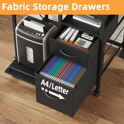 Printer Stand with Power Outlet/Fabric Drawers, Printer Cabinet with Storage Shelf and Rolling Shredder Stand, Printer Table for Home Office, 25.6"×17.7" Black