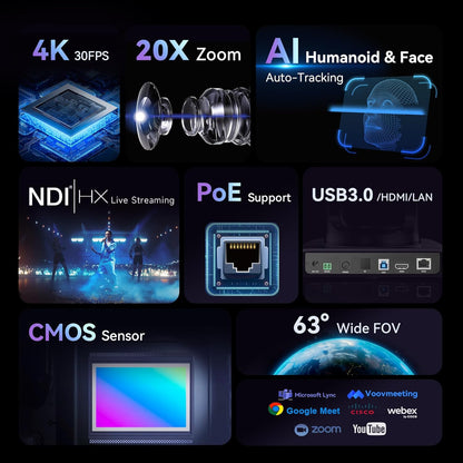 Tenveo 4K NDI PTZ Camera AI Humanoid & Face Auto-Tracking, HDMI/LAN/USB3.0 PoE PTZ Camera 20X Optical Zoom IP Live Streaming, for Church Services Worship Video Conference Live Streaming YouTube OBS