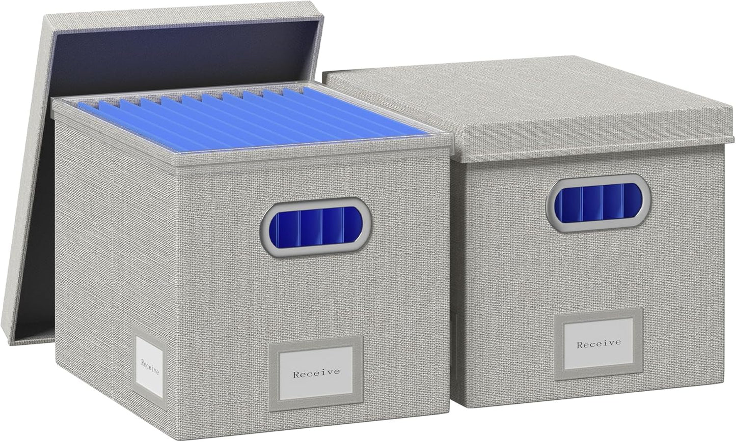 File Organizer Box - File Boxes for Hanging Files with Lid Set of 2 Decorative Hanging Folders Organizer Letter Size with One-Piece Plastic Frame Slides (Light Grey, 13.2*10.1*10.1in(2Pack))