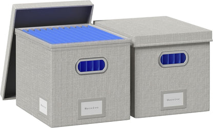 File Organizer Box - File Boxes for Hanging Files with Lid Set of 2 Decorative Hanging Folders Organizer Letter Size with One-Piece Plastic Frame Slides (Light Grey, 13.2*10.1*10.1in(2Pack))