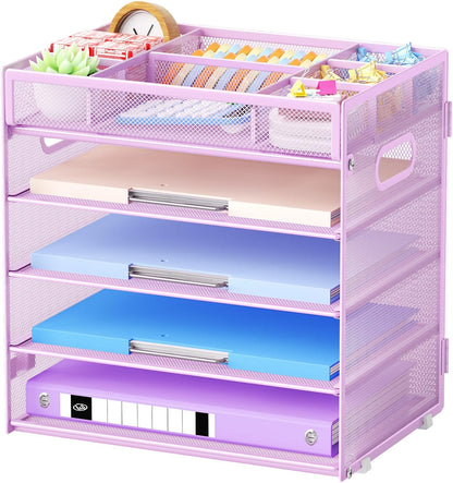 Marbrasse 5-Tier Letter Tray Paper Organizer with Handle, Multi-Functional Mesh File Organizer for Desk, Adjustable Compartments Mesh Desktop Storage for Office Supplies, Purple