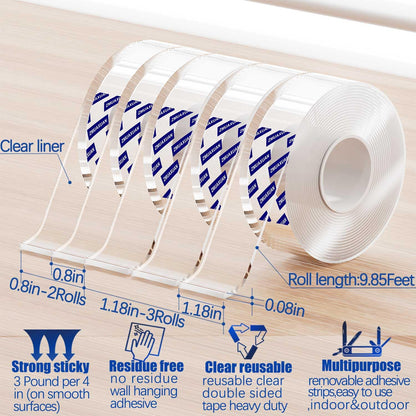 Nano Tape Adhesive Reusable,Double Sided Mounting Tape Heavy Duty Removable,Picture Hanging Strips Poster Putty,Clear Thick Gel Sticky Tack Wall Glue for Hangers,Photo(9.85 FT-5 Pack)