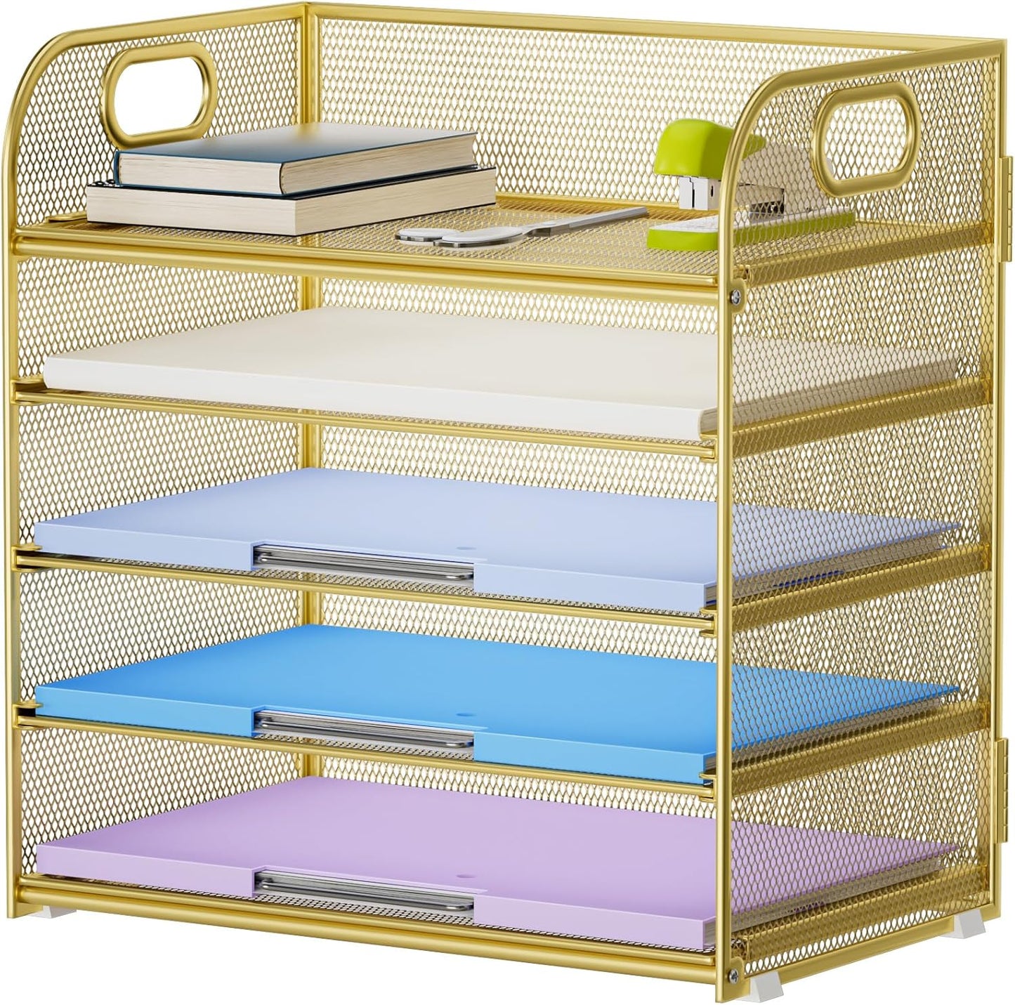 Marbrasse Paper Organizer Letter Tray, 5 Tier Mesh File Organizer with Handle, Paper Sorter Desk Organizer for Home Office Supplies - Gold
