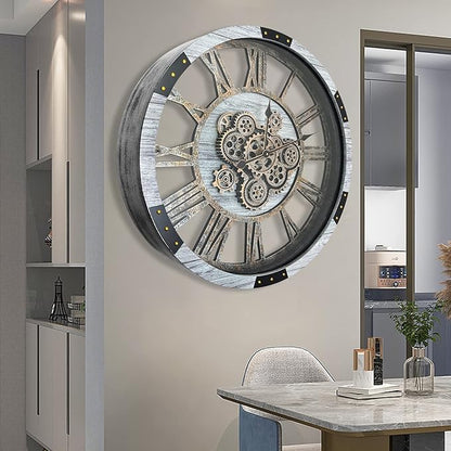DORBOKER 27" Original Moving Gears Wall Clock, Large Industrial Wall Clock for Living Room Decor, Retro Metal Solid Wood Vintage Farmhouse Steampunk Rustic Clocks for Wall Decor,Silver Grey