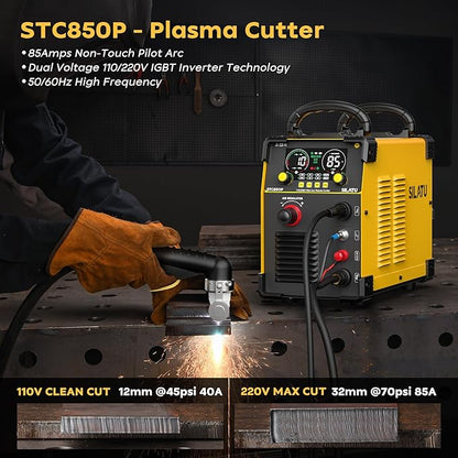 SILATU 85Amps Plasma Cutter, STC850P HF Non-Touch Pilot Arc Plasma Cutter Machine, 110/220V Dual Voltage Air Sensor Technology Digital Display, 1'' Clean Cut 5/4'' Max Cut, PT/2T/4T for Beginners DIY