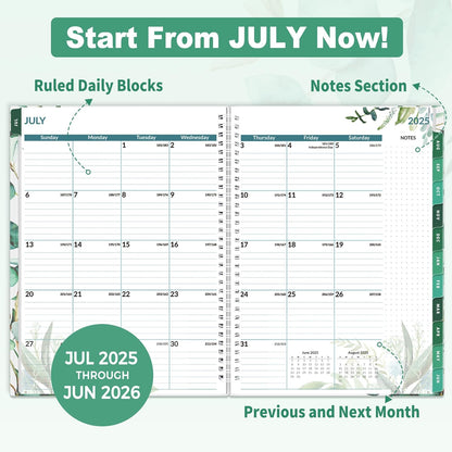 SUNEE 2025-2026 Appointment Book, Quarter-Hourly, Weekly & Monthly - from July 2025 to June 2026, 8.5"x11" Academic Planner, Flexible Cover, Note Pages, Bookmark, Spiral Binding, Leaves