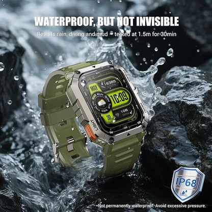 Military Smart Watches for Men，Smart Watch for Android iPhone with Large 2.01"Fitness HD Display/Flashlight/100-Day Battery/Compass/Heart Rate/120+ Sports Modes/IP68 Waterproof Smartwatch （2 Straps)