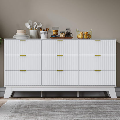 Fluted 9 Drawer Dresser, 57.1" Wide Modern Boho Chest of Drawers, Wooden Storage Dresser TV Stand for Bedroom, Living Room, Closet, Hallway, Curved Profile Design