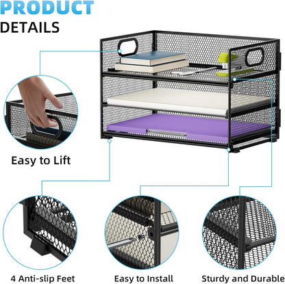 Marbrasse 3 Tier Paper Organizer Letter Tray, Mesh File Organizer with Handle, Paper Sorter Desk Organizer for Home Office Supplies - 2p