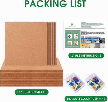 12 Pack Cork Bulletin Board 12 x 12 Inch - 1/2" Thick Cork Board Tiles,Self-Adhesive Frameless Cork Tiles Wall Decor with 100 PCS Pushpins for DIY, Office, School and Home Decor