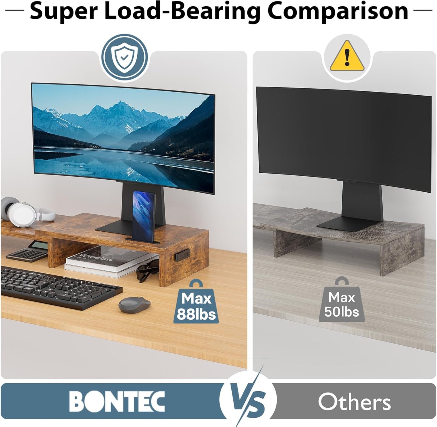 BONTEC Dual Monitor Stand Riser with Smartphone Holder, Adjustable Length & Swivel Angle, Ergonomic Wooden Desktop Organizer for PC Monitor, Laptop, Printer, Large Storage, Rustic Brown