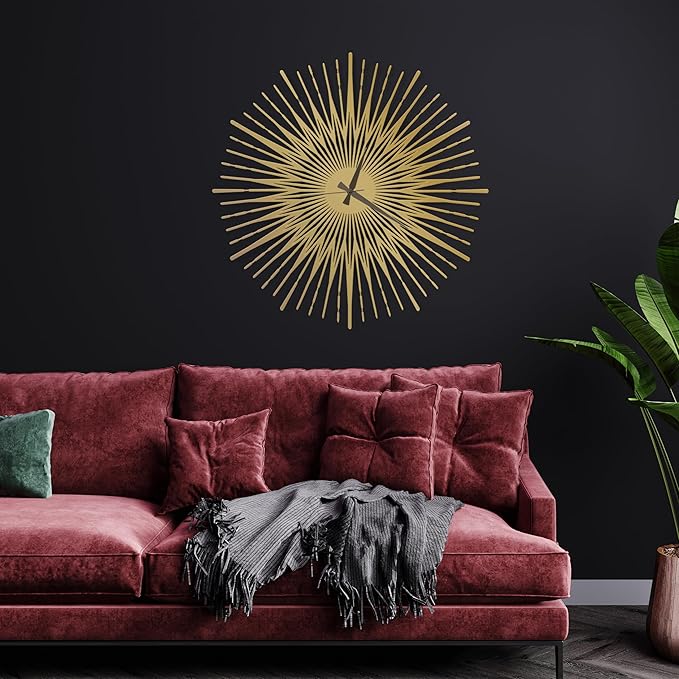 Sun Rays Wall Clock, Large Metal Decorative Wall Clock, Modern Minimalist Wall Decor (Gold, Medium)